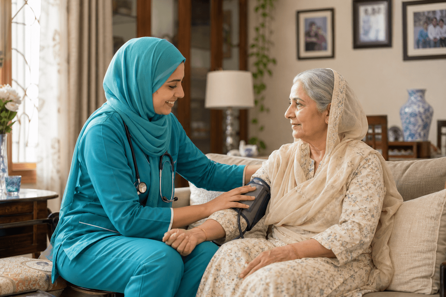 Pakistani nurse providing in-house patient care at home